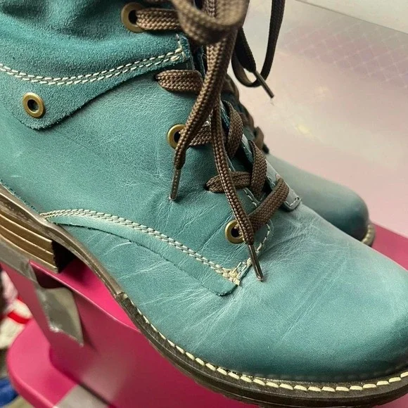 Dromedaris Kara Scrunched Leather and Suede Teal combat-style boots w/ faux fur - Picture 7 of 7